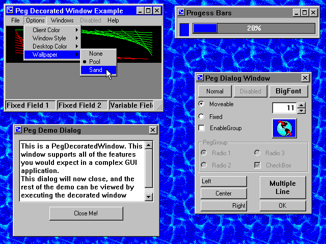 Screenshot from an RTPEG-32 demo program with some RTPEG-32 windows and controls.
